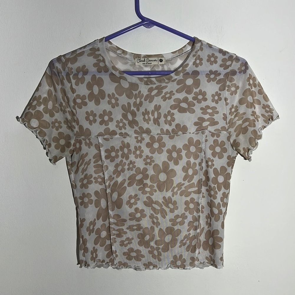 Cloud Dancer Sheer White Beige Floral Hippie 90's Inspired Crop Top